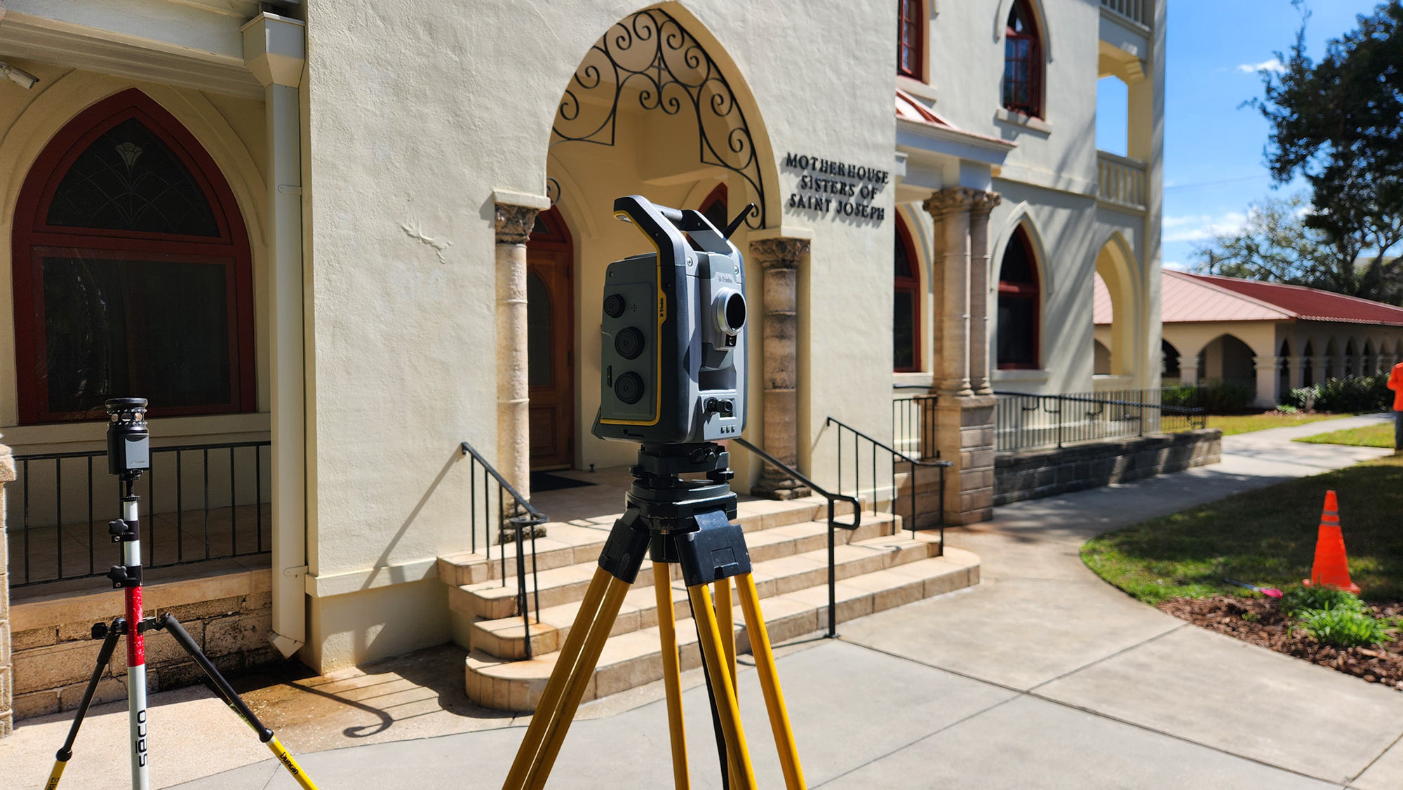 Surveying equipment in front of the Sisters of St. Josephs Motherhouse